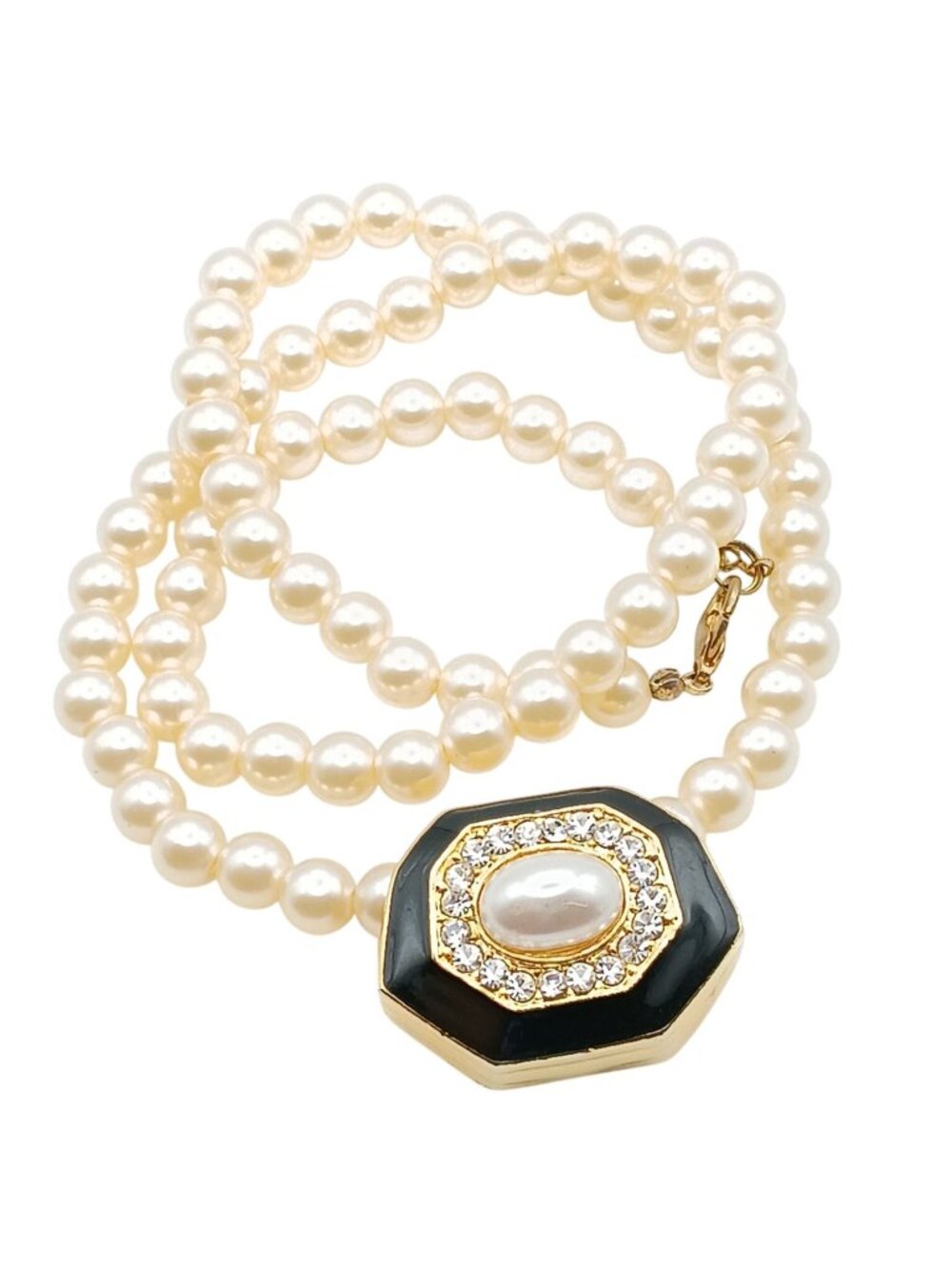 Vintage Faux Pearl Necklace with Gold & Black Octagon Slide Pendant featuring Rh